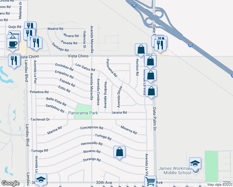 map of restaurants, bars, coffee shops, grocery stores, and more near 28561 Avenida Diosa in Cathedral City