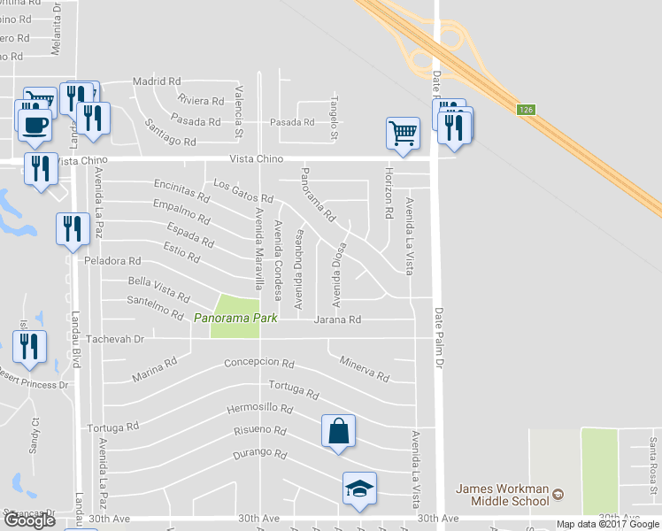 map of restaurants, bars, coffee shops, grocery stores, and more near 28561 Avenida Diosa in Cathedral City