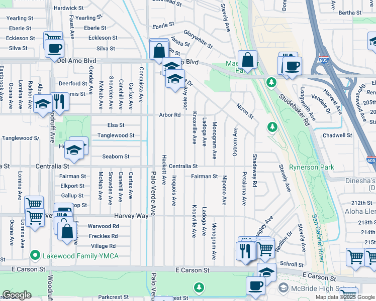 map of restaurants, bars, coffee shops, grocery stores, and more near 4513 Josie Avenue in Lakewood