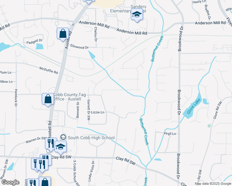 map of restaurants, bars, coffee shops, grocery stores, and more near 1657 Debbie Drive in Mableton