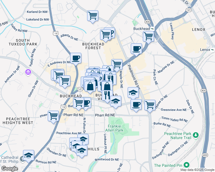map of restaurants, bars, coffee shops, grocery stores, and more near 3171 Peachtree Park Drive Northeast in Atlanta