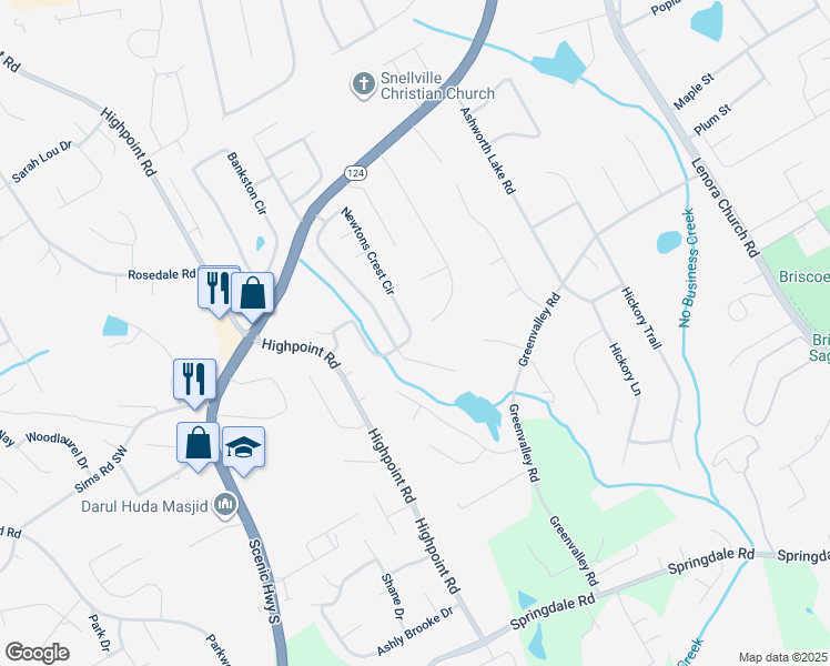 map of restaurants, bars, coffee shops, grocery stores, and more near 2653 Newtons Crest Circle in Snellville