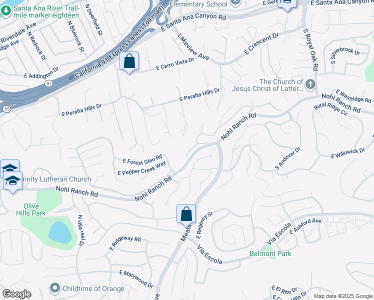 map of restaurants, bars, coffee shops, grocery stores, and more near 4741 East Copa De Oro Drive in Anaheim