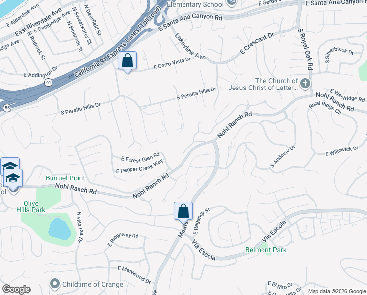 map of restaurants, bars, coffee shops, grocery stores, and more near 4741 East Copa De Oro Drive in Anaheim