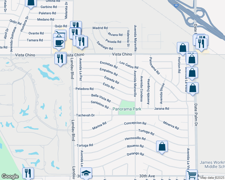 map of restaurants, bars, coffee shops, grocery stores, and more near 68215 Estio Road in Cathedral City