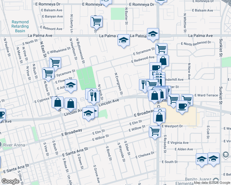 map of restaurants, bars, coffee shops, grocery stores, and more near 1679 East Lincoln Avenue in Anaheim