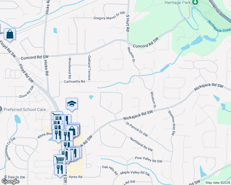 map of restaurants, bars, coffee shops, grocery stores, and more near 558 Benson Hurst Drive in Mableton