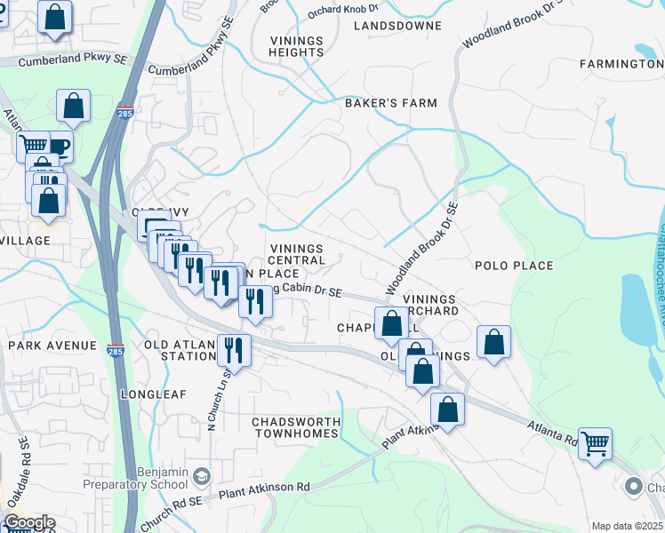 map of restaurants, bars, coffee shops, grocery stores, and more near 2808 Vinings Central Run Southeast in Smyrna