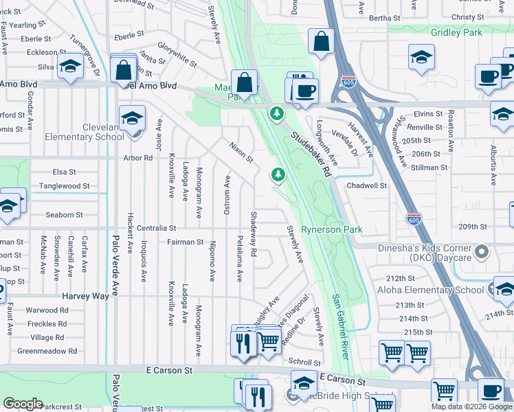 map of restaurants, bars, coffee shops, grocery stores, and more near 4513 Shadeway Road in Lakewood