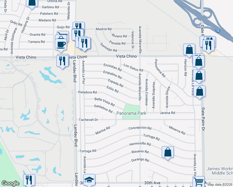 map of restaurants, bars, coffee shops, grocery stores, and more near 68215 Estio Road in Cathedral City