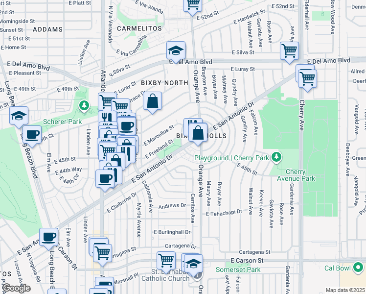 map of restaurants, bars, coffee shops, grocery stores, and more near East San Antonio Drive & Le Park Drive in Long Beach
