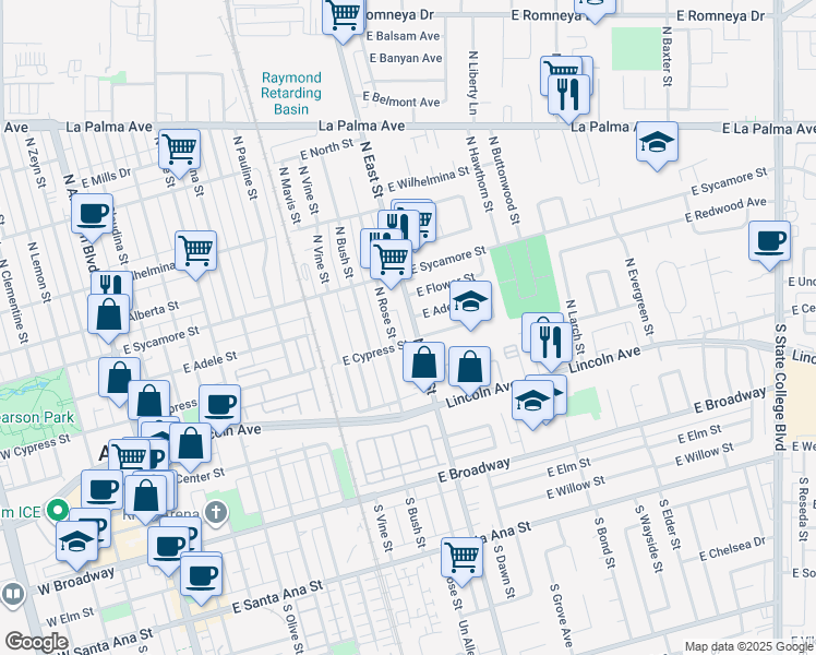 map of restaurants, bars, coffee shops, grocery stores, and more near 303 North Rose Street in Anaheim