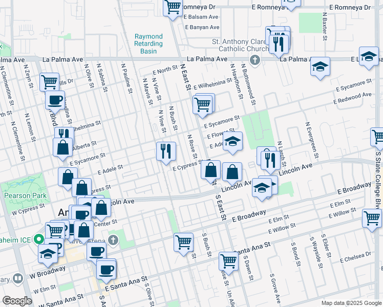 map of restaurants, bars, coffee shops, grocery stores, and more near 303 North Rose Street in Anaheim