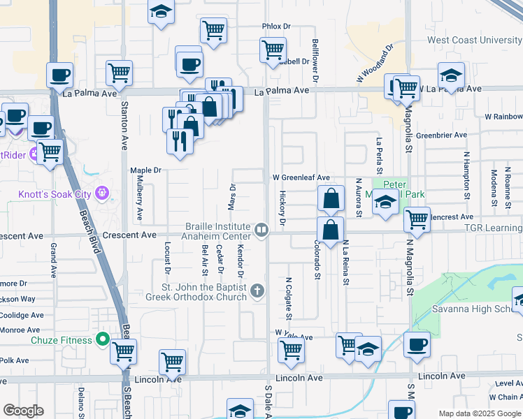 map of restaurants, bars, coffee shops, grocery stores, and more near in Buena Park