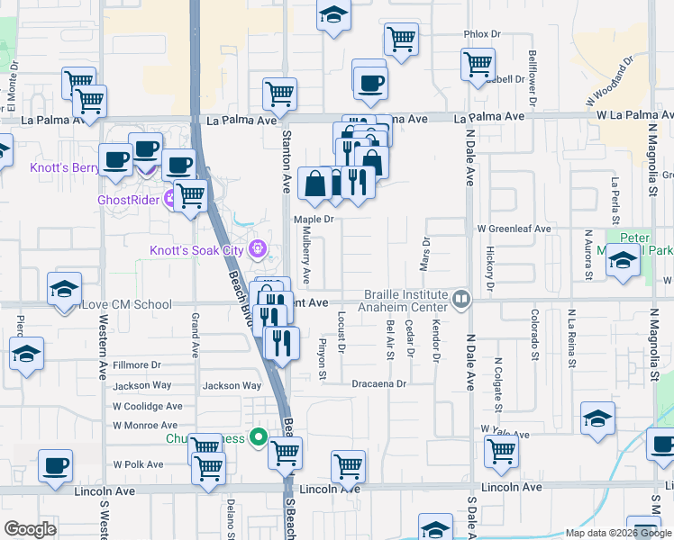 map of restaurants, bars, coffee shops, grocery stores, and more near 8458 Mango Way in Buena Park