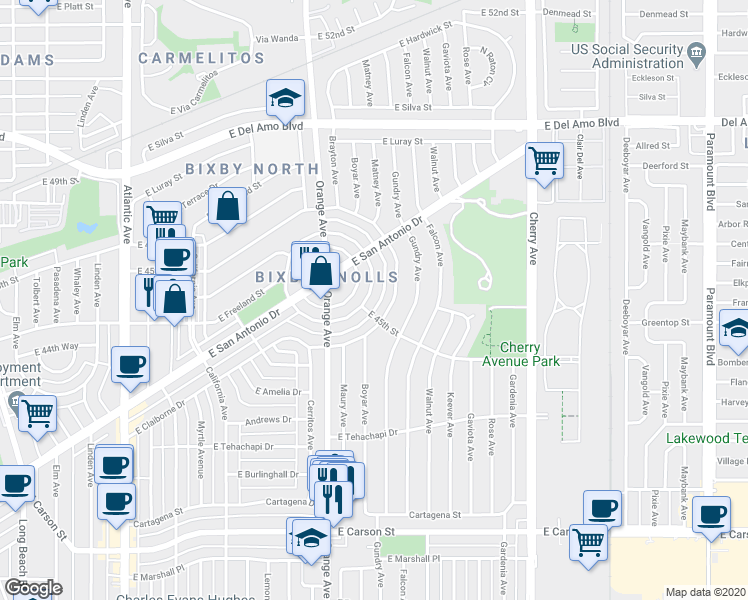 map of restaurants, bars, coffee shops, grocery stores, and more near 4495 East Goldfield Avenue in Long Beach