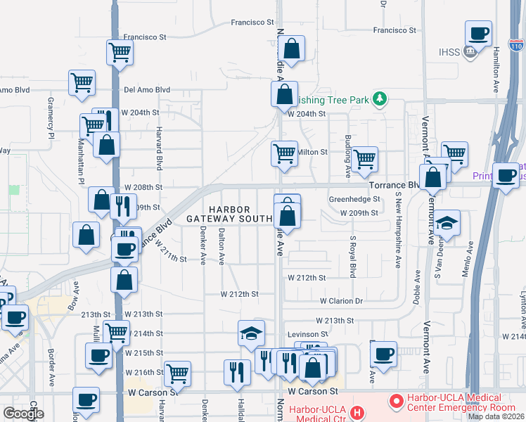 map of restaurants, bars, coffee shops, grocery stores, and more near 20856 Brighton Avenue in Torrance