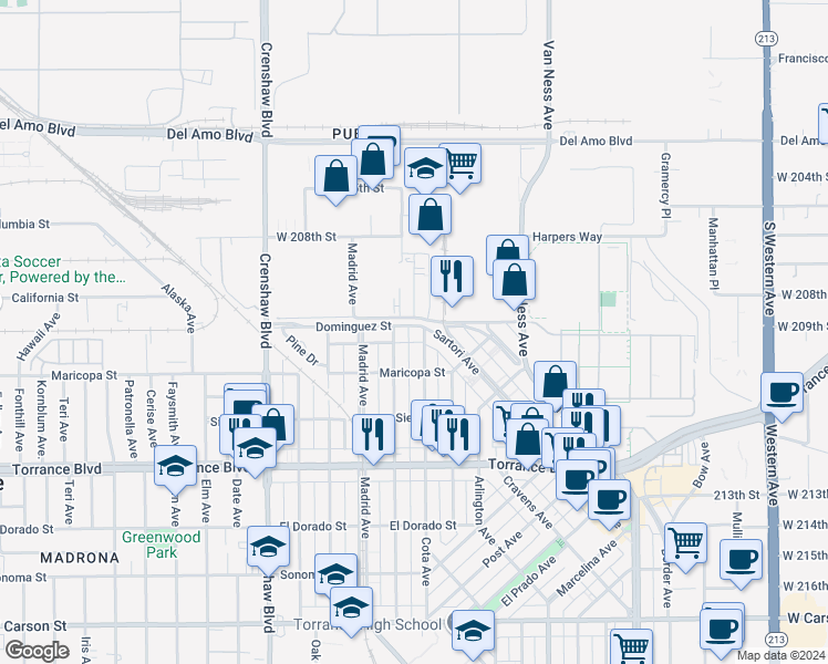 map of restaurants, bars, coffee shops, grocery stores, and more near 703 Cota Avenue in Torrance