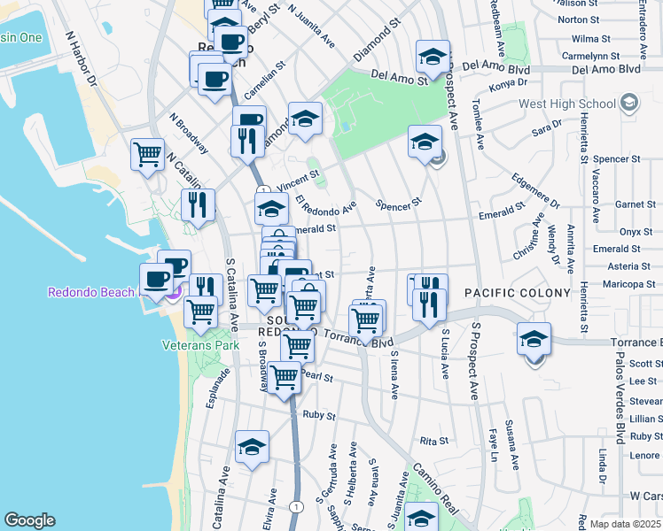 map of restaurants, bars, coffee shops, grocery stores, and more near 205 South Guadalupe Avenue in Redondo Beach