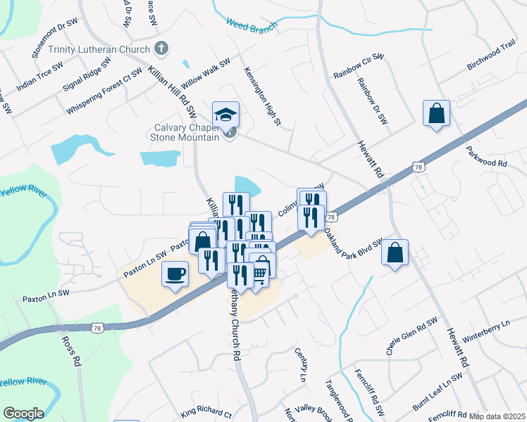 map of restaurants, bars, coffee shops, grocery stores, and more near 2126 Monterey Drive in Snellville