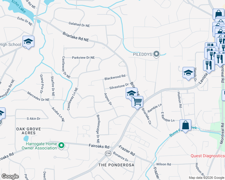 map of restaurants, bars, coffee shops, grocery stores, and more near 1901 Silvastone Drive in Decatur