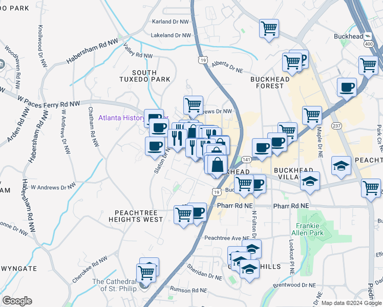 map of restaurants, bars, coffee shops, grocery stores, and more near West Paces Ferry Road Northwest in Atlanta