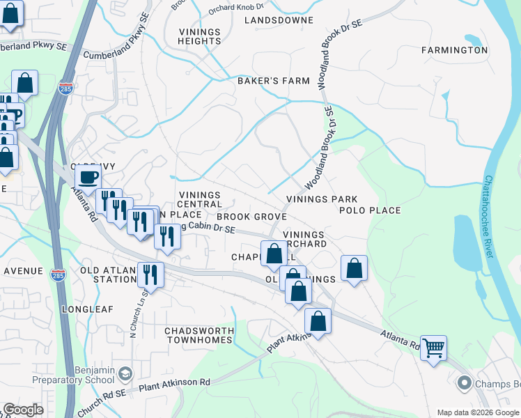 map of restaurants, bars, coffee shops, grocery stores, and more near 2770 Brookgrove Lane Southeast in Atlanta