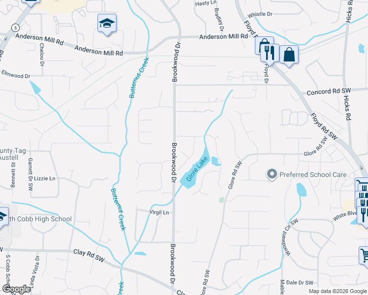 map of restaurants, bars, coffee shops, grocery stores, and more near 4686 Heritage Lakes Court Southwest in Mableton