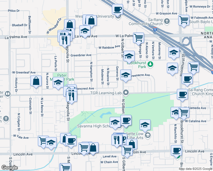 map of restaurants, bars, coffee shops, grocery stores, and more near 2453 West Crescent Avenue in Anaheim