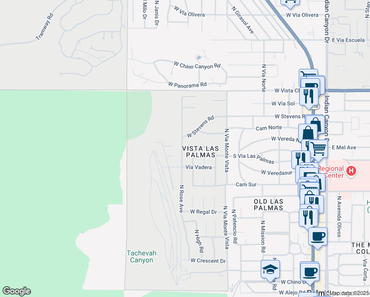 map of restaurants, bars, coffee shops, grocery stores, and more near 1326 North Rose Avenue in Palm Springs