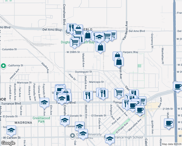 map of restaurants, bars, coffee shops, grocery stores, and more near 607 Amapola Avenue in Torrance