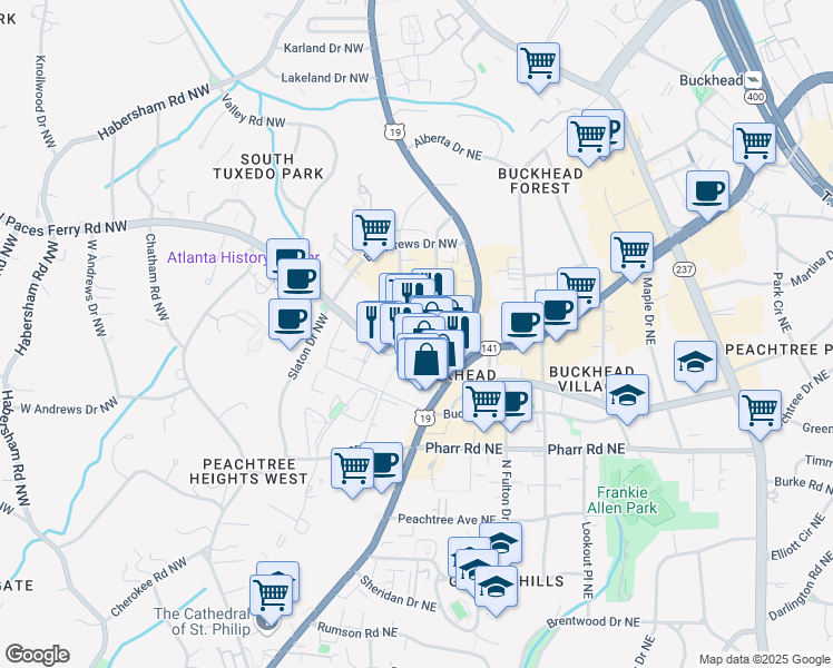 map of restaurants, bars, coffee shops, grocery stores, and more near 77 Paces Ferry Place Northwest in Atlanta