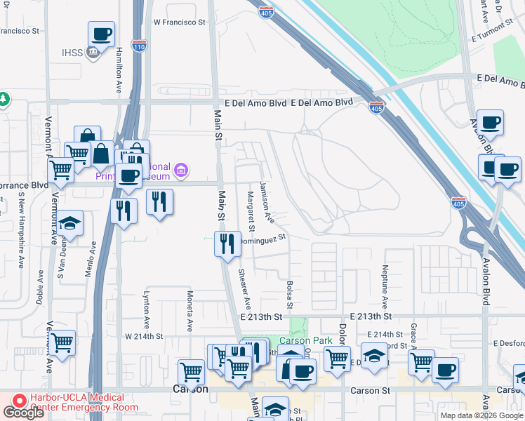 map of restaurants, bars, coffee shops, grocery stores, and more near 20849 Jamison Avenue in Carson