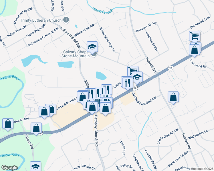 map of restaurants, bars, coffee shops, grocery stores, and more near 2126 Monterey Drive in Snellville
