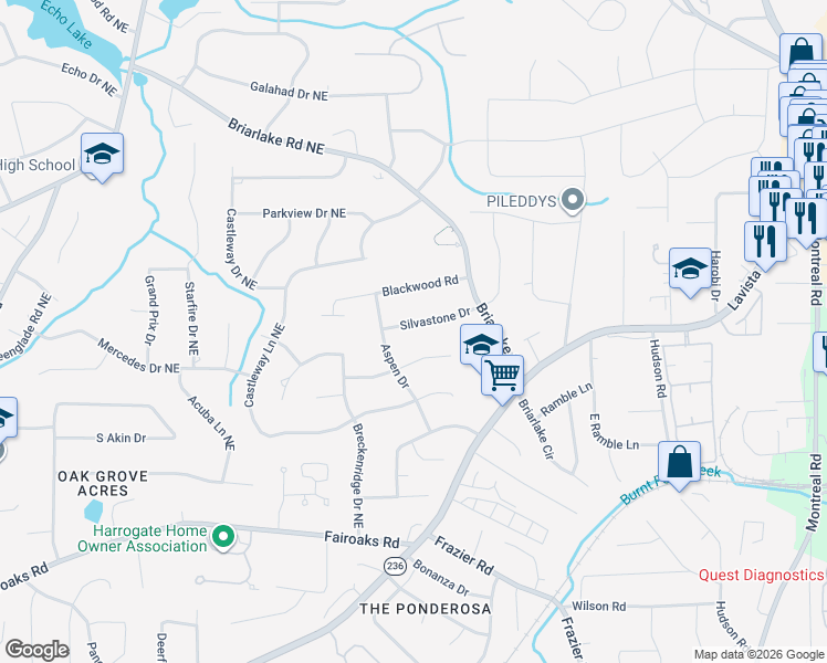 map of restaurants, bars, coffee shops, grocery stores, and more near 1901 Silvastone Drive in Decatur
