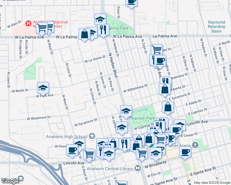 map of restaurants, bars, coffee shops, grocery stores, and more near 702 North Pine Street in Anaheim