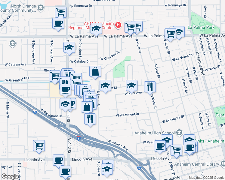 map of restaurants, bars, coffee shops, grocery stores, and more near 1336 West North Street in Anaheim