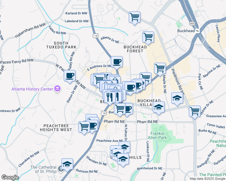map of restaurants, bars, coffee shops, grocery stores, and more near 3150 Roswell Road Northwest in Atlanta