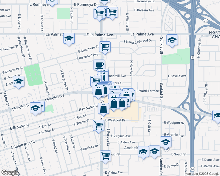 map of restaurants, bars, coffee shops, grocery stores, and more near 2103 East Ward Terrace in Anaheim