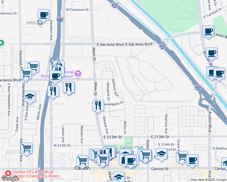 map of restaurants, bars, coffee shops, grocery stores, and more near 20849 Jamison Avenue in Carson
