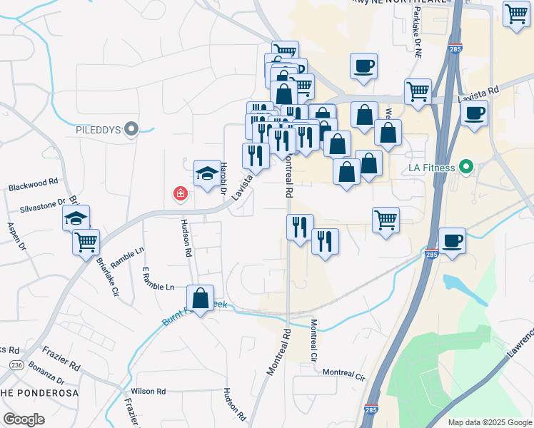map of restaurants, bars, coffee shops, grocery stores, and more near 3191 Manitoba Trail in Tucker