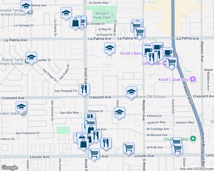 map of restaurants, bars, coffee shops, grocery stores, and more near 7175 Santa Teresa Circle in Buena Park