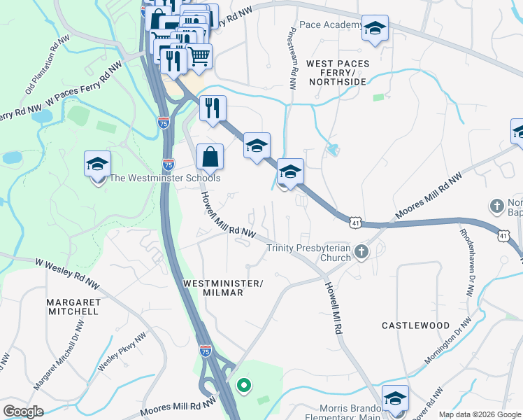 map of restaurants, bars, coffee shops, grocery stores, and more near 3075 Howell Mill Road Northwest in Atlanta