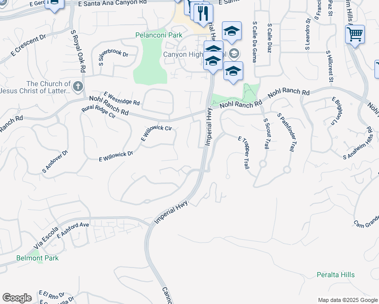 map of restaurants, bars, coffee shops, grocery stores, and more near 595 South Avenue Faro in Anaheim