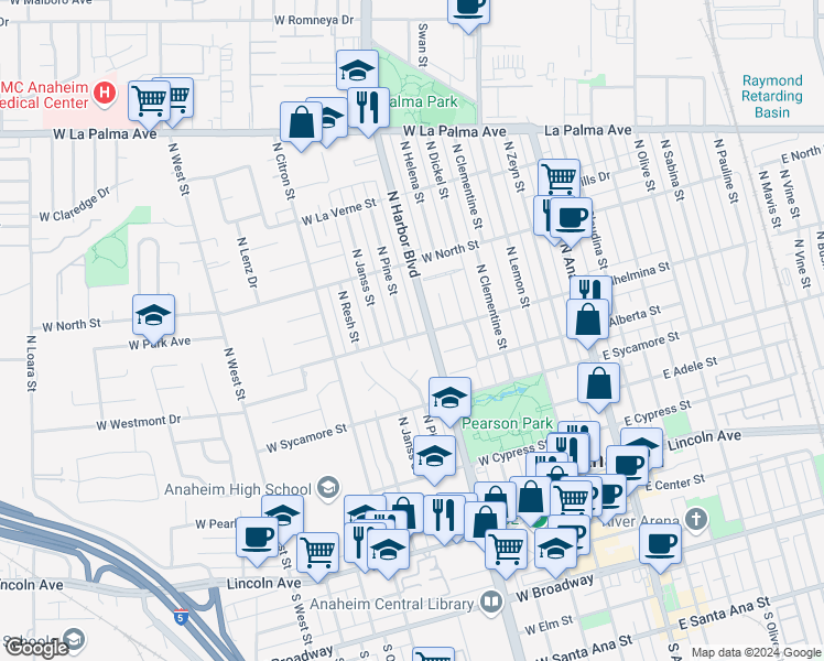 map of restaurants, bars, coffee shops, grocery stores, and more near 702 North Pine Street in Anaheim