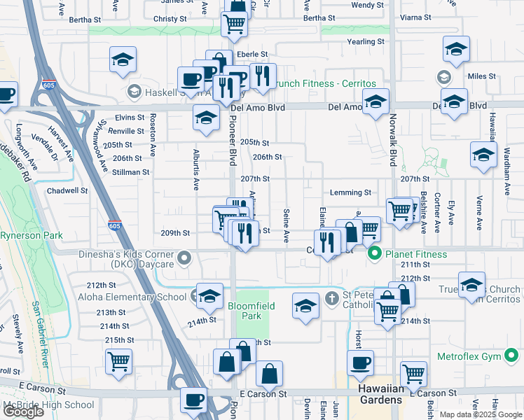 map of restaurants, bars, coffee shops, grocery stores, and more near 20732 Arline Avenue in Lakewood