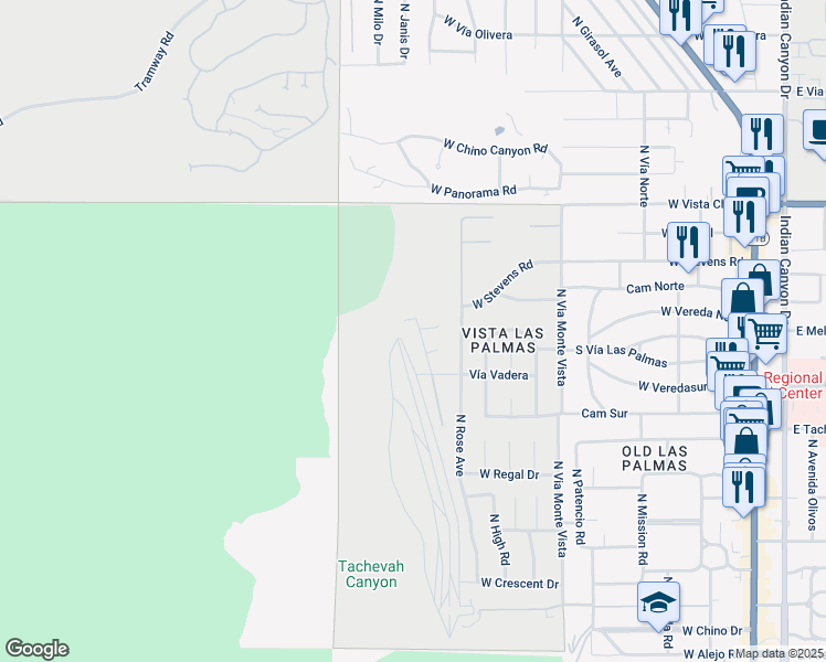 map of restaurants, bars, coffee shops, grocery stores, and more near 1153 West Dolores Court in Palm Springs