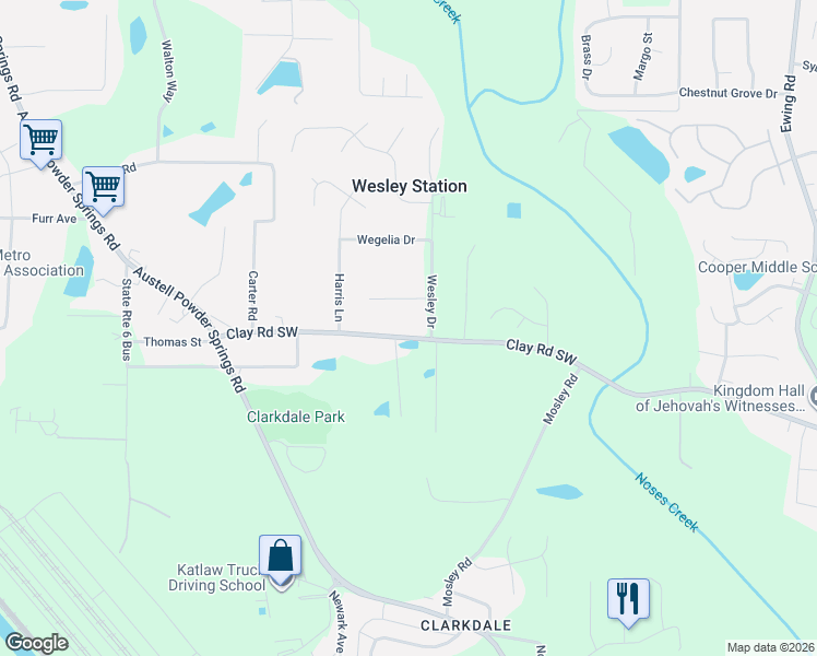map of restaurants, bars, coffee shops, grocery stores, and more near 3371 Pendley Road in Austell