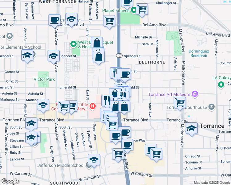 map of restaurants, bars, coffee shops, grocery stores, and more near 20725 Hawthorne Boulevard in Torrance