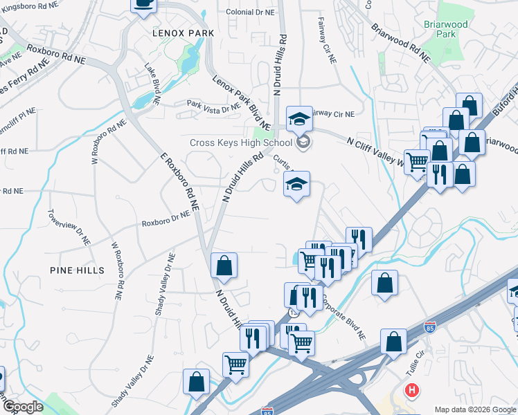 map of restaurants, bars, coffee shops, grocery stores, and more near 1237 Druid Knoll Drive Northeast in Atlanta